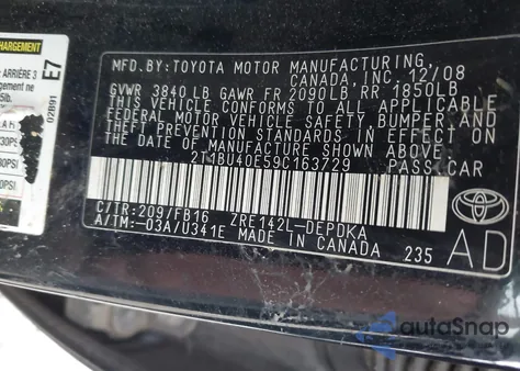 2009 Toyota Corolla Le z USA, uszkodzony, nr VIN 2T1BU40E59C163729